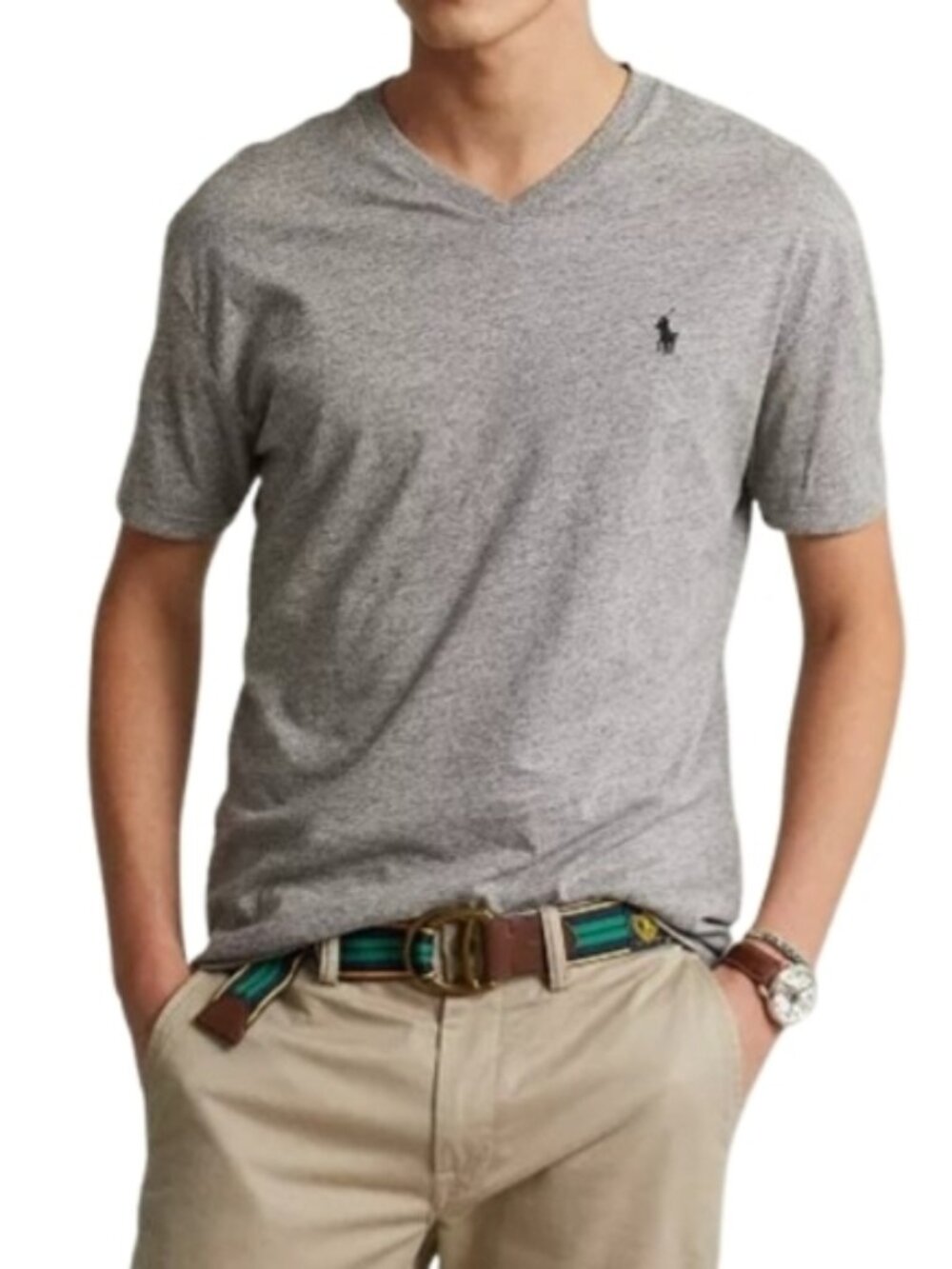 Polo Ralph Lauren Dark Heather Gray Classic V-Neck Tee Size L Black Pony Cotton